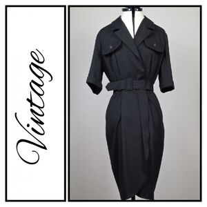Vintage Black Belted Utility Dress – No Label – Classic Safari-Inspired Silhouet